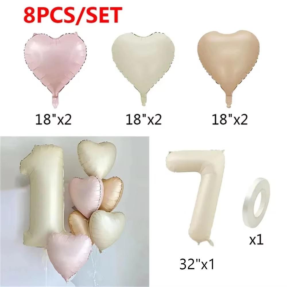 8pcs Cream Color Number Heart Foil Balloons Happy Birthday Party Decorations Kids Girl Boy 1 2 3 4 5 6 7 8 9 Year Old Supplies