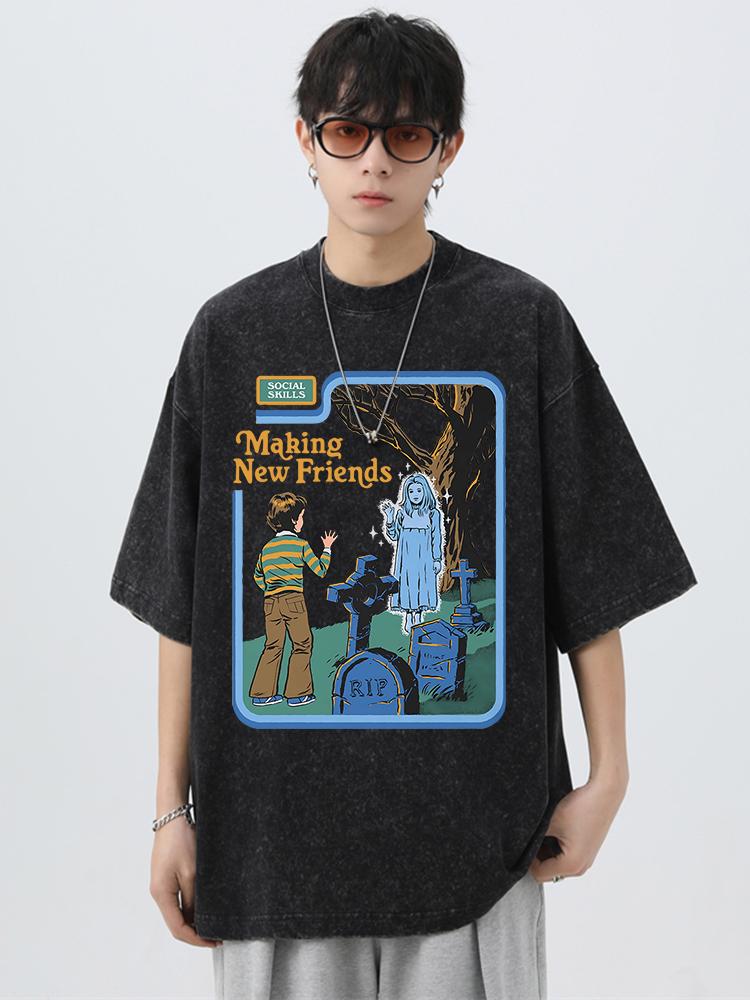 Social Skills Making New Friends Washed Retro Man T-Shirts Oversized Tee Clothes Summer Hip Hop Tshirt O-Neck Soft Cotton Tops