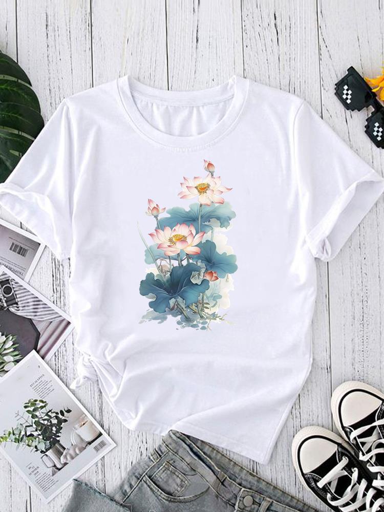 (Asian Size) Tee Fashion Print Casual Top O-neck Short Sleeve T-shirts Sweet Flower Style 90s T Graphic Female Women's Clothing