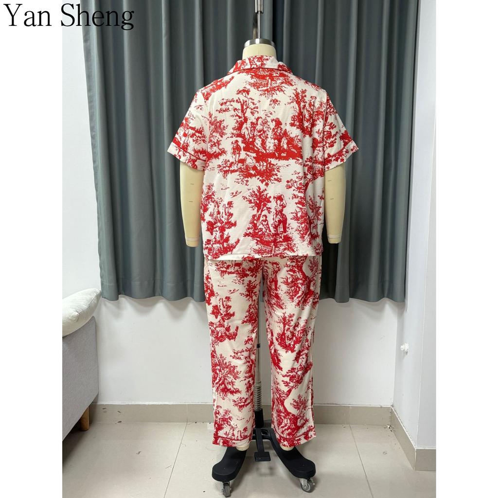Kadın Pijama Takımı Büyük Beden Yazlık İnce Kısa Kollu Kabarcıklı Kırışık Baskılı Sevimli Nefes Alabilen Ev Giyimi Uyku İçin