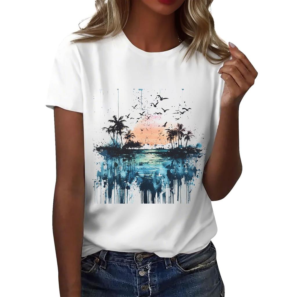 Women's Round Neck Casual Printed Short-sleeved T-shirt Top