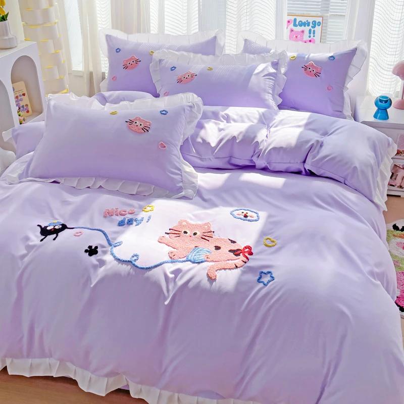 Set de lenjerie de pat Inimi Roz Stil Nordic Lenjerie de pat cu fețe de pernă Textile pentru casă Fete Husă de pilotă respirabilă King Queen Twin