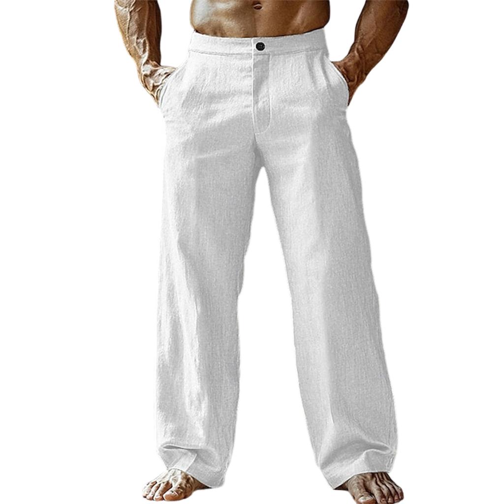 Pánské bavlněné a lněné barevné ležérní dlouhé kalhoty