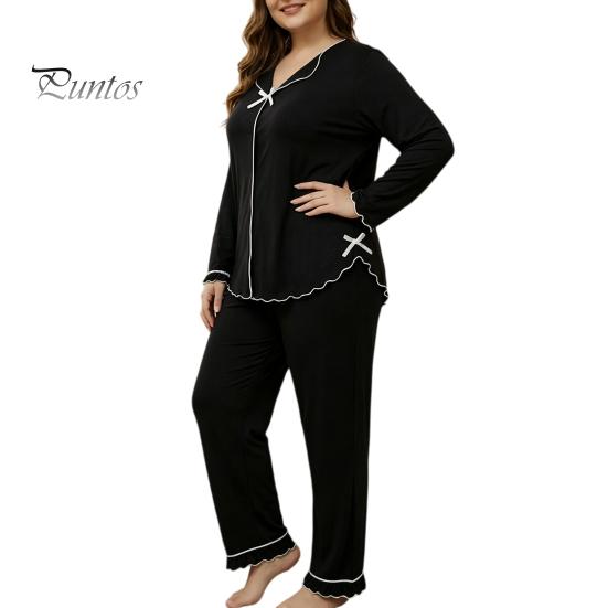 Breathable Sleepwear for Daily Use Women's Plus Size Pajama Set, Long Sleeve Top And Pants Cozy Loungewear Women with Bow, Ruffle 2 Piece Soft Pjs Set