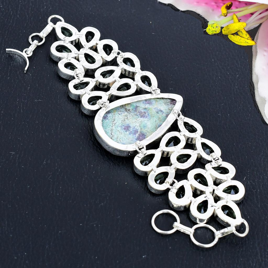 Ruby Fuchsite, Tsavorite Gemstone 925 Sterling Silver Bracelet 7-8" KG-1800