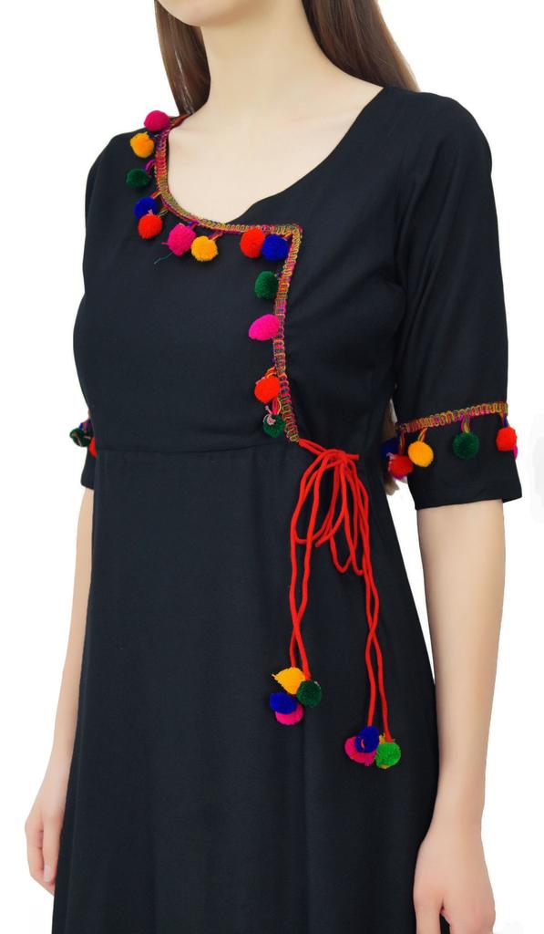 Phagun Angrakha Style Rayon Womens Tunic Kurta Pom-Pom Designer Kurti Top Indian