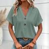 Women Summer Top V Neck Short Sleeves Solid Color Loose Hollow Out Button Decor Soft Pullover Breathable Female Clothes