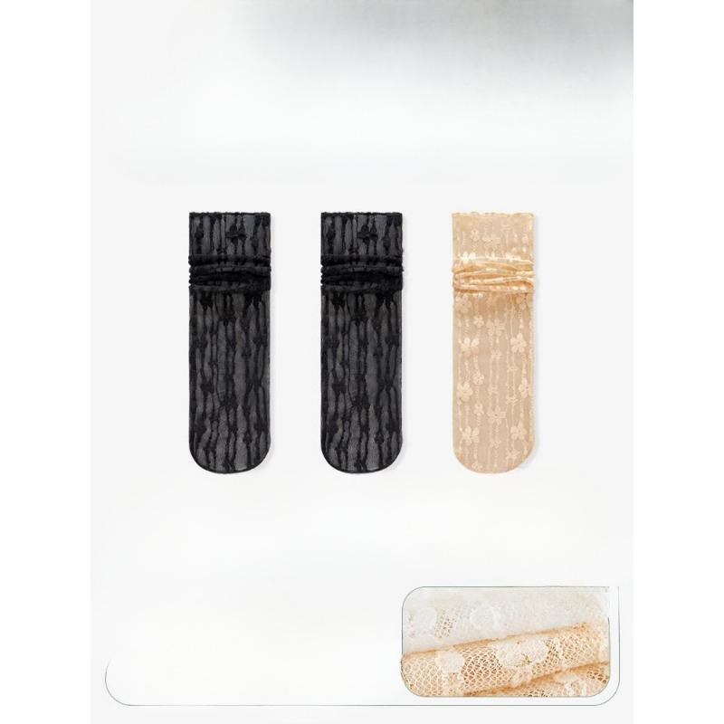 3 Pairs of Women's Summer Thin Lace Flowers In The Tube Pile Socks