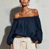 Nuova maglia da donna casual europea e americana, a spalle scoperte, maniche lunghe a lanterna, in cotone e lino, tinta unita