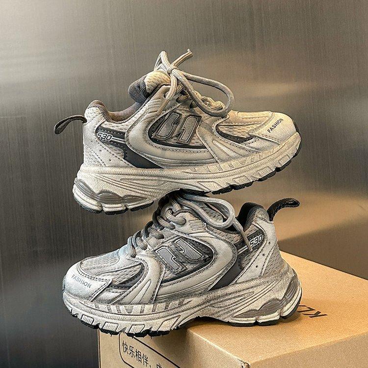 Leather boys' shoes spring 2025 new girls' dad shoes medium and older children's sports shoes children's Korean version of running shoes