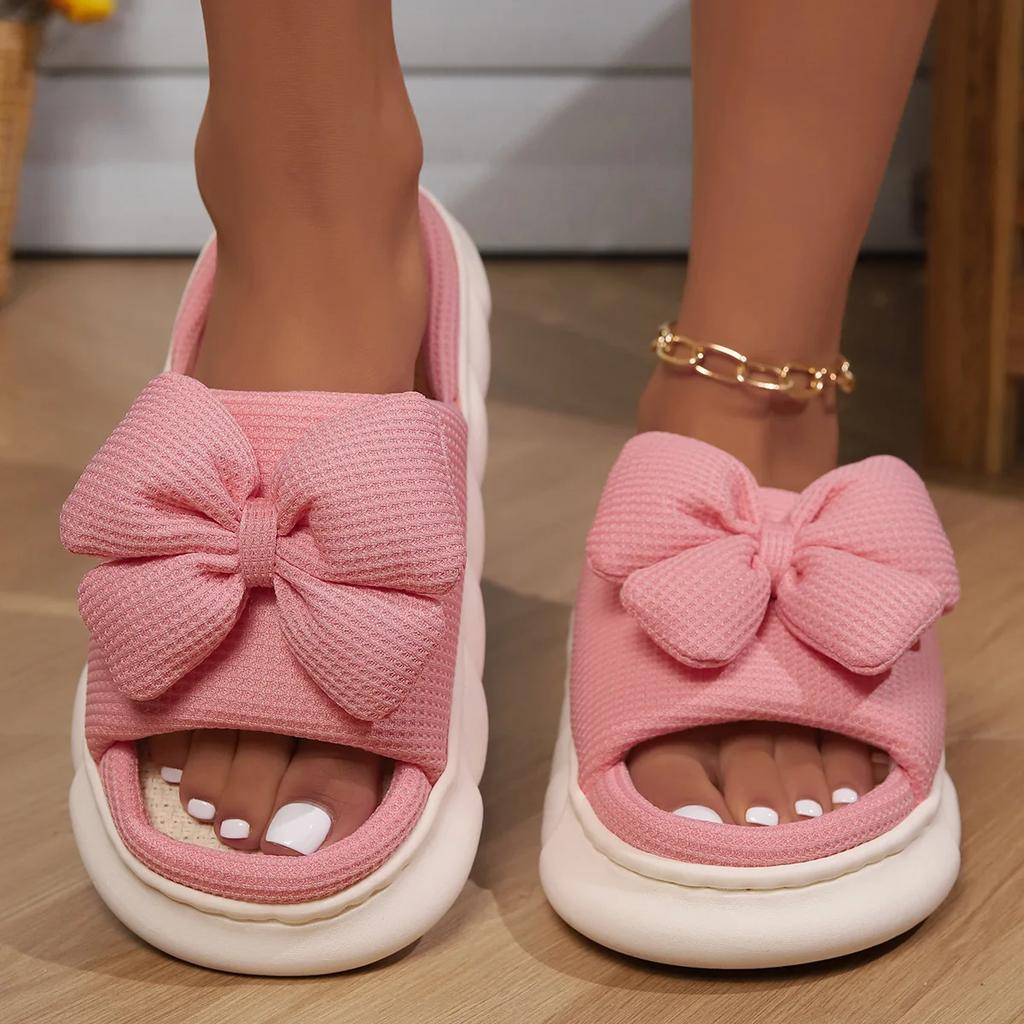Fashion Cute Bowknot Platform House Slippers for Women Open Toe Linen Home Cotton Shoes Woman Winter Thick Sole Non Slip Indoor Slippers