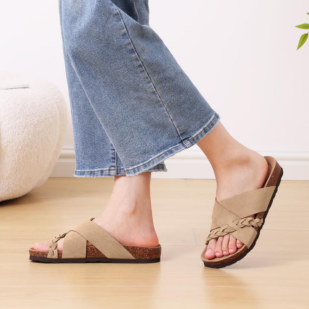 Fashion Litfun Casual Women's Slippers With Arch Support New Cork Footbed Slides Walking Slip On Sandals Braided Straps Women's Slippers