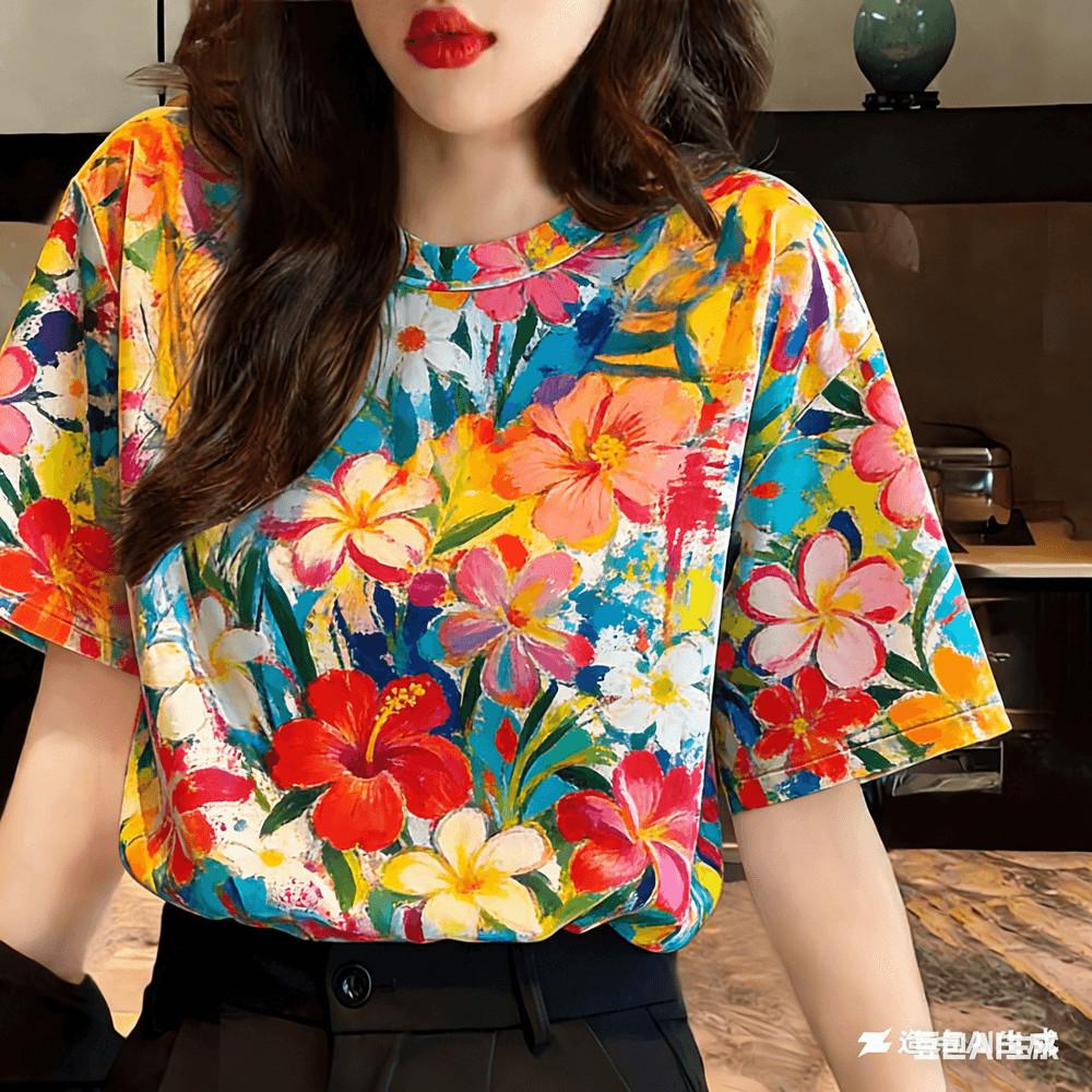 Women s T-shirt - Printed Flower Design, Casual, Retro, Versatile T-shirt XXS
