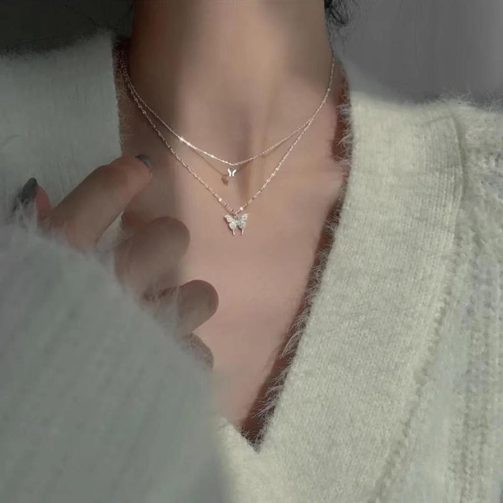 Double-Layered Butterfly Pendant Necklace - Titanium Steel, Light Luxury Design, Fade-Resistant Clavicle Chain