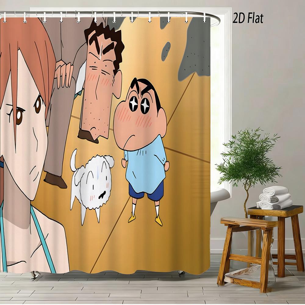 Crayon Shin-Chan & Friends & Shiro & Strange Creature On Green Grass Scene 2D Print Waterproof Shower Curtain, Bright Green Bath