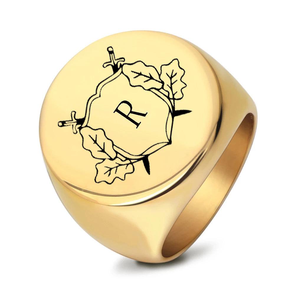 22MM Circular Retro Laser Double Sword Leaf Letter Titanium Steel Ring Stainless Steel Fashion Jewelry