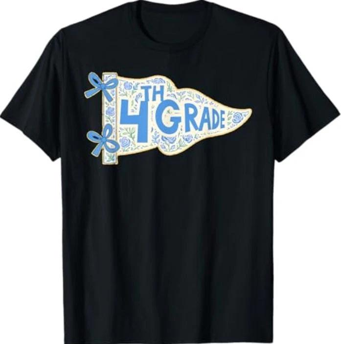 Floral Pennant First Day of 4th Grade For Teacher Student T-Shirt L