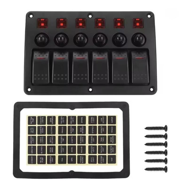 Toggle Switches with Indicator Light & Sticker On Off Switches Panel for Car 6 Gang Rocker Switches Panel Waterproof