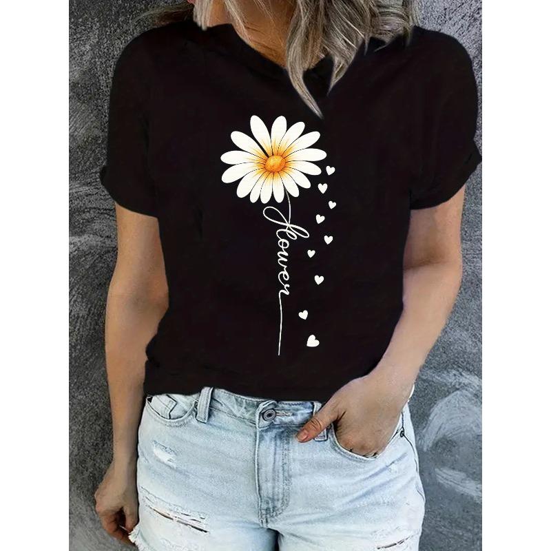 Womens Casual Floral Print Top Round Neck Spring Summer Fashion White Daisy Ombre Butterfly Print Nontransparent Fabric Slight Stretch Short Sleeve