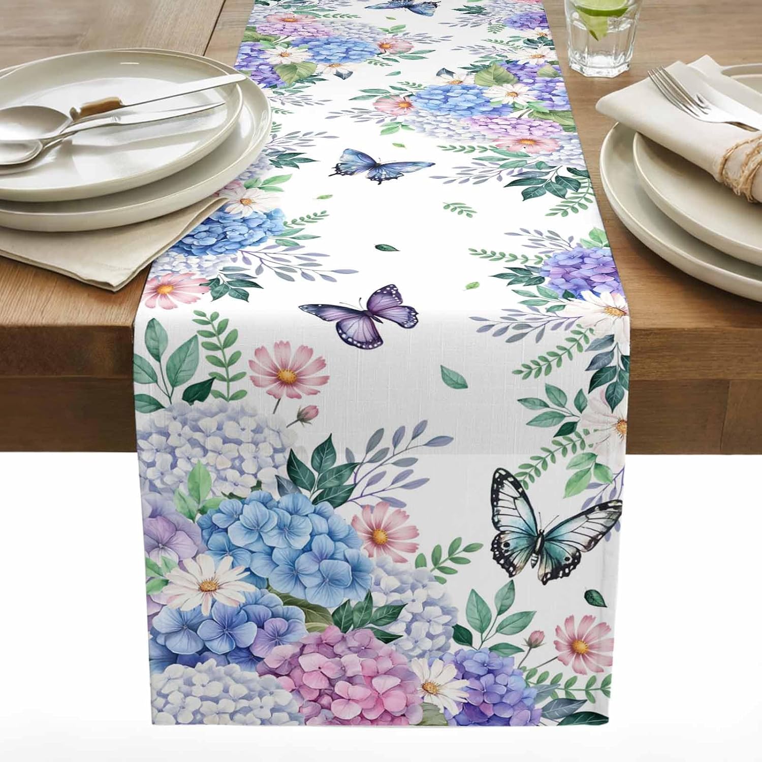 Jingyue Pet Spring Hydrangea Floral Butterfly Linen Table Runner Party Decor Farmhouse Kitchen Dining Table Runner Wedding Decorations