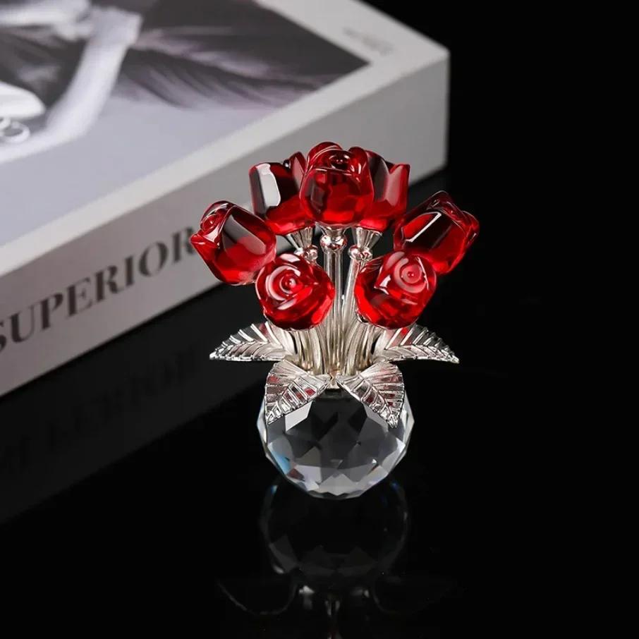 Crystal Red Rose Bouquet with Round Vase Figurines Gifts for Women Glass Bouquet Ornament Romantic Gifts Table Centerpiece