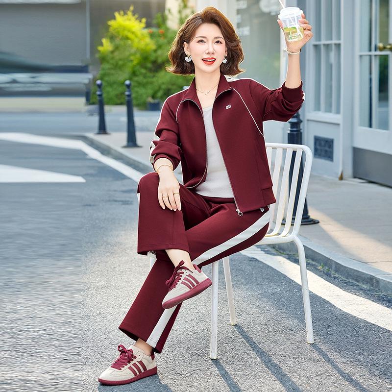 

Spring Women s Two-Piece Casual Suit: Loose Zipper Jacket & Elastic Waist Long Pants for Middle-Aged and Elderly XL (Below 105 lbs)