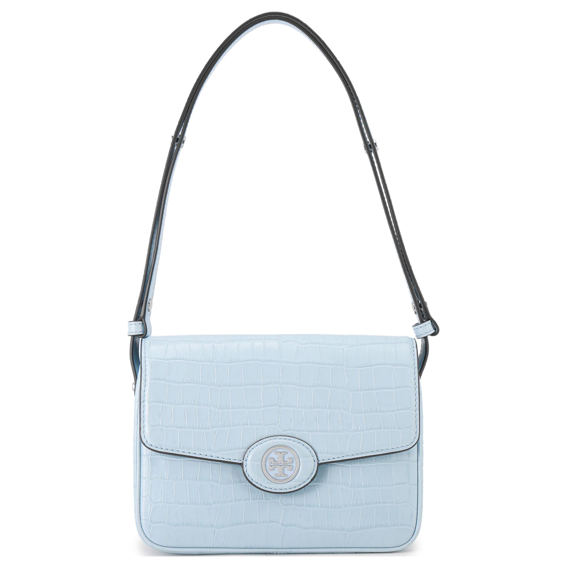 

Tory Burch Robinson 21 Magnetic Flap Closure Crocodile Pattern Embossed Leather Handheld Crossbody Shoulder Bag Women Bags Mist-Blue 140610-403 Basic Set (Bag+Dust Bag)