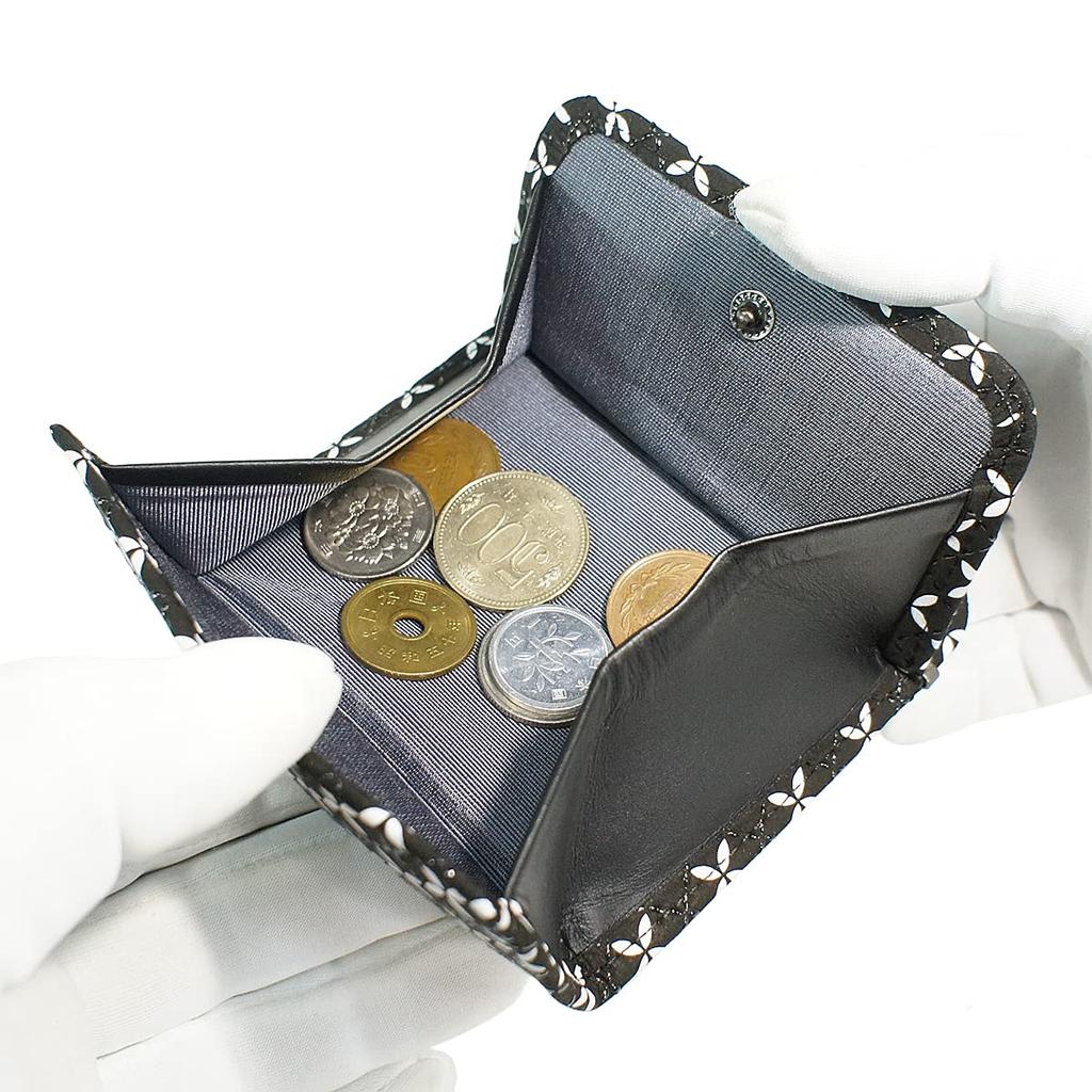Indenya Inden Coin Purse, Deerskin Leather, Soft, Shippo Pattern, Black with Black Lacquer and White Chintz, 8803