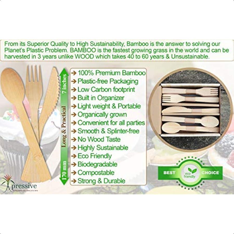 100% Bamboo Heavy Duty Disposable Cutlery [100PK:40 Fork 40 Spoon 20 Knife] Eco Friendly Natural Compostable Biodegradable Uten