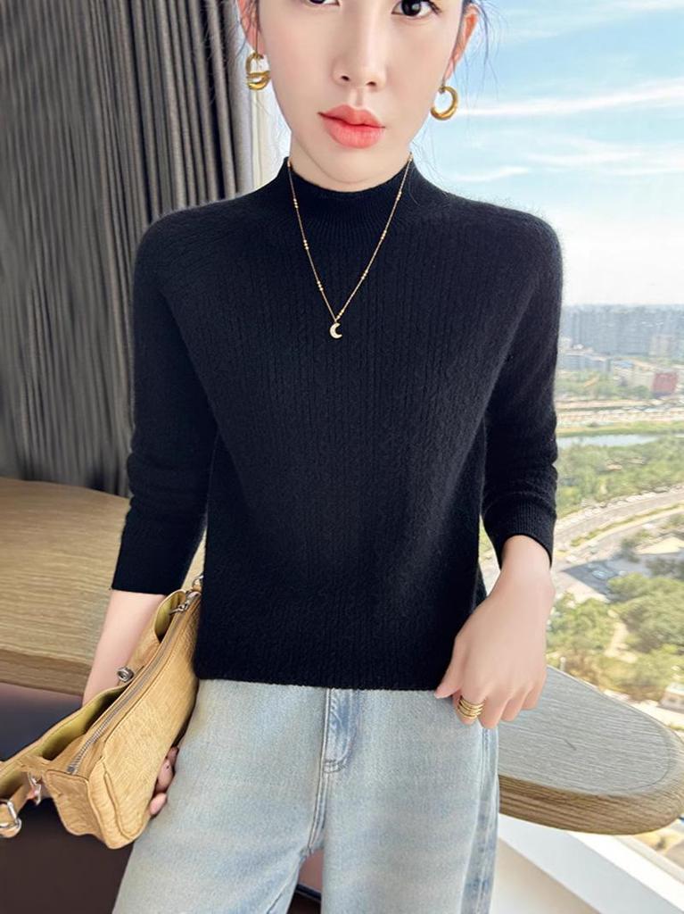 Women's 100% Wool Half-High Collar Cable Knit Pullover Sweater