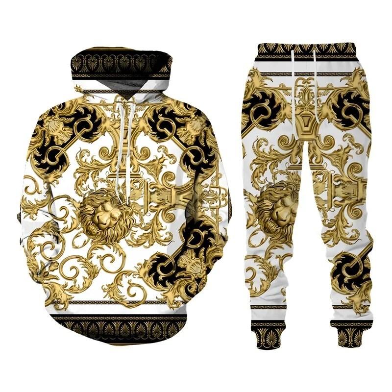 Frühling Herbst Mode Luxus Goldene Muster Sweatshirt 3D Druck Mit Kapuze Sweatshirt Vergnügen Sportswear Hosen Anzug männer kleidung