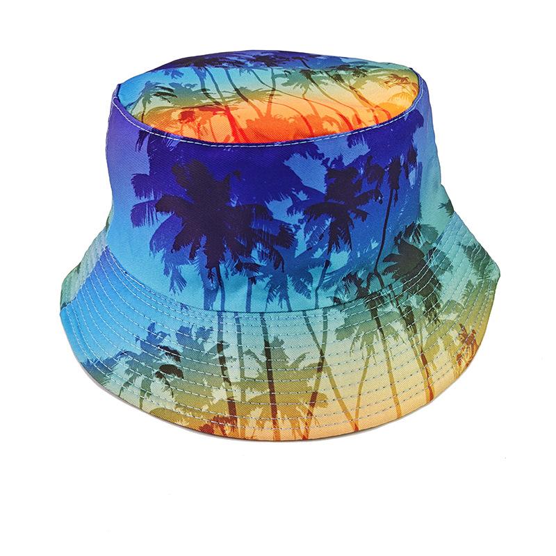 Double Sided Outdoor Coconut tree Sun Hat Hip-hop Cap Fishing Fisherman Graffiti Hat Men Women Lion Printed Panama Bucket Hats