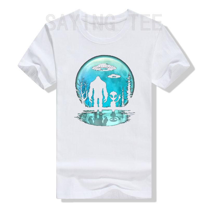 Alien and Bigfoot Moon T-Shirt Funny UFO Lover Graphic Tee Tops Cotton Fashion Short Sleeve Blouses Husband Boys Birthday Gift