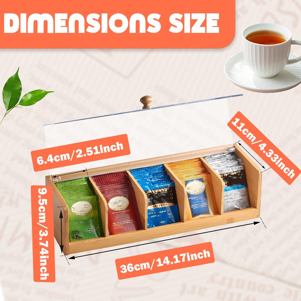 Bamboo Tea Bag Organizer Clear Sorting Tea Storage Box with 5 Compartment Easy to Access Coffee Bag Holder Dust Proof for Home
