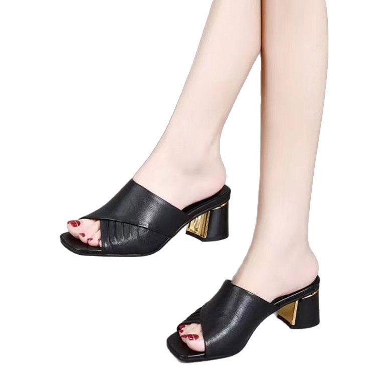 Soft leather cool slippers women's 2025 summer new women's versatile outer wear medium heel thick heel sandals fish mouth women's high heels