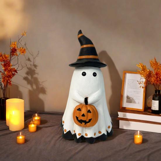 Halloween Ghost Statue Small White Ghost with Pumpkin Figurine Cute Ghost Resin Tabletop Ornament for Indoor Outdoor Halloween Decor