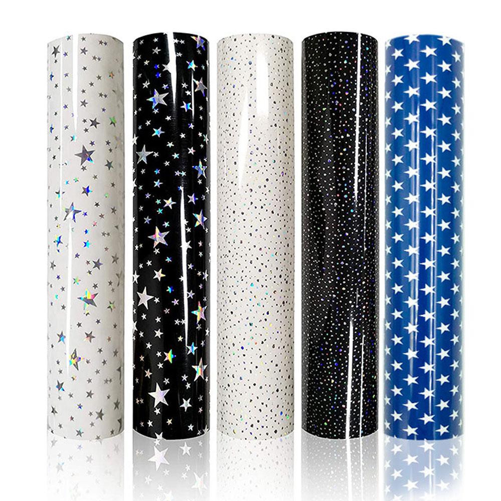 

Heat Transfer Vinyl 5pcs Black and White HTV 12 x10 Laser Stars Dots Pattern Iron on Sheets Bundle DIY Tshirt Fabric for Cut