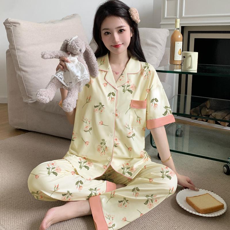 Contrasting color imitation cotton pajamas women's summer short-sleeved trousers small floral large-size loungewear medium mother suit
