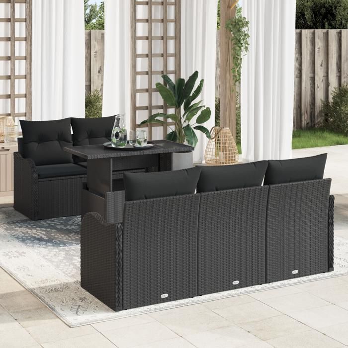 Ensemble de 6 Canapés de Jardin avec Coussins en Poly Rattan Noir, Canapé de Jardin 2 Places avec Rangement & Coussins 3357116