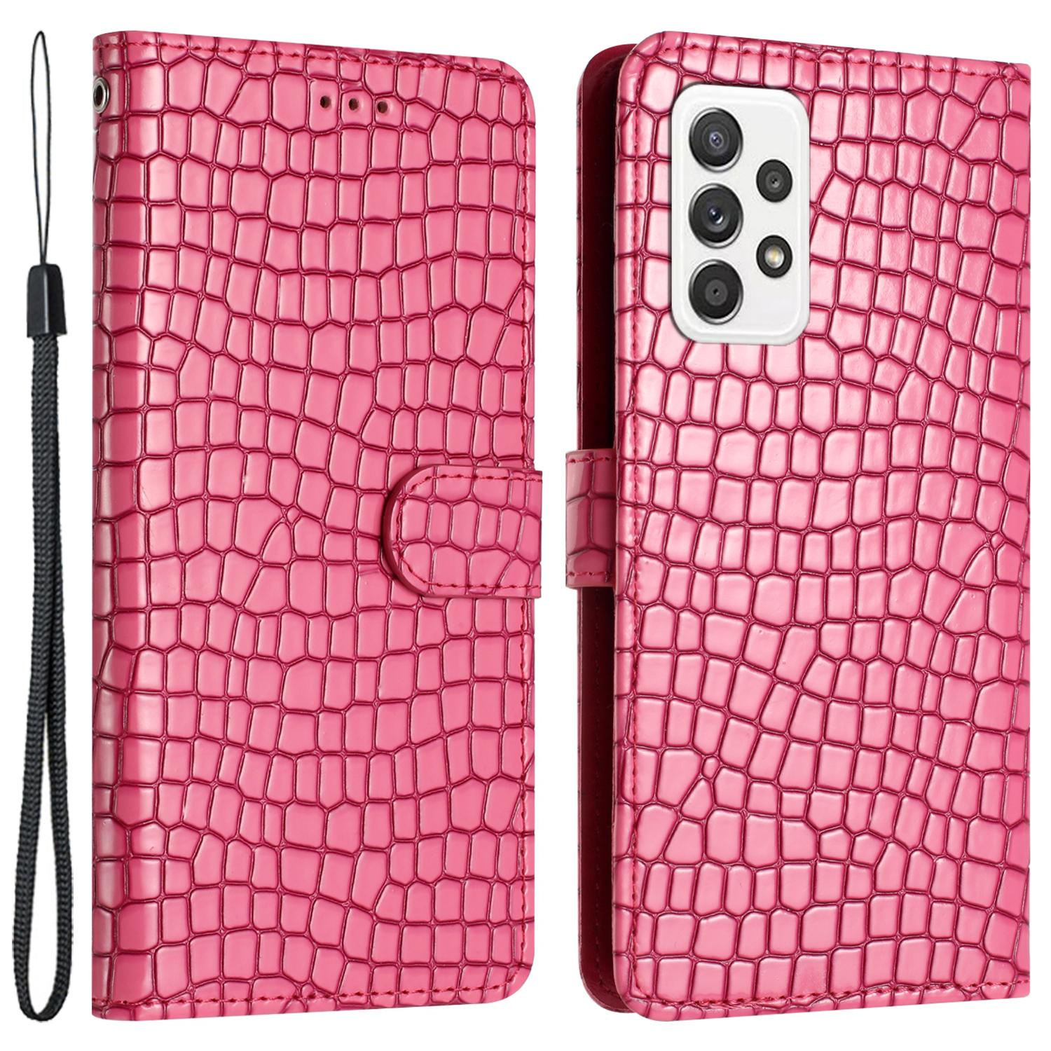 

Crocodile Texture Phone Case for Samsung Galaxy A52 4G/5G/A52s 5G Leather Cover Stand Wallet with Hand Strap Rose
