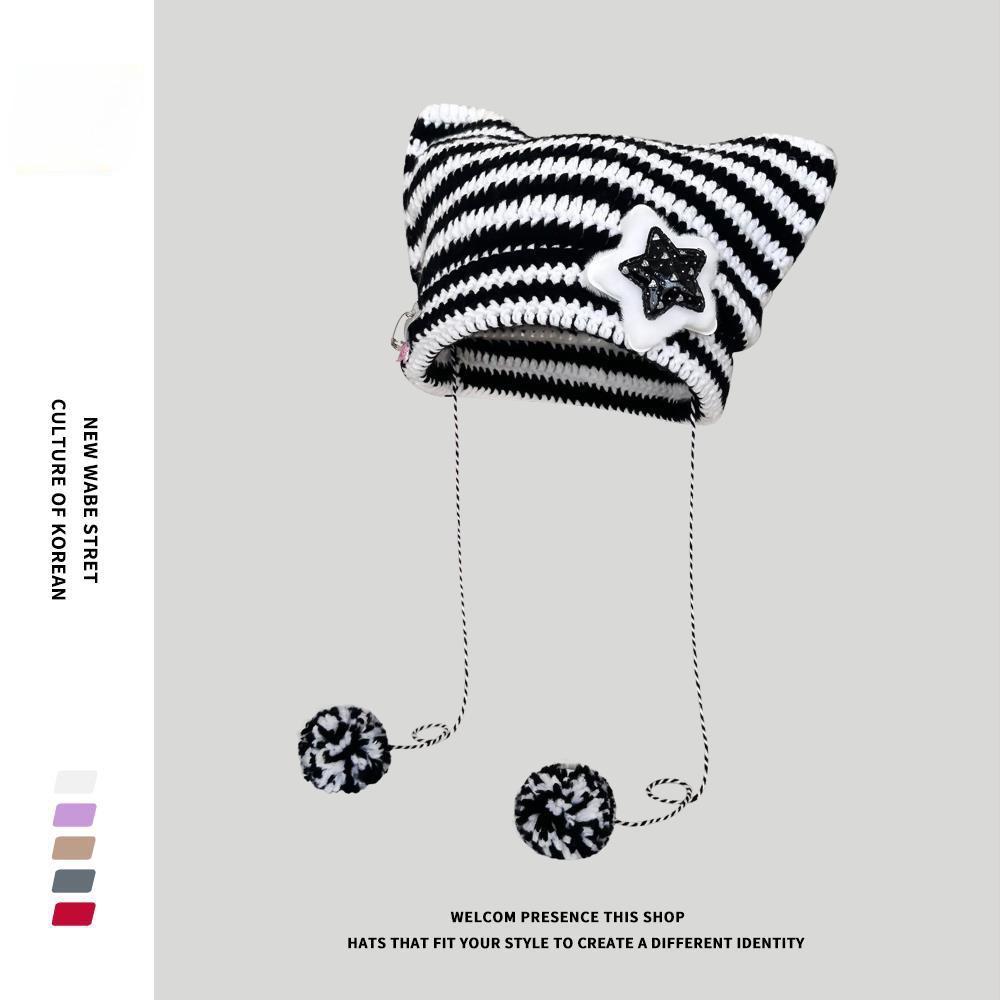 1pc Cute Cat Ears Beanie Hat For Women Winter Striped Korean Punk Gothic Y2K Wool Knitted Streetwear Handmade Crochet Bucket Cap