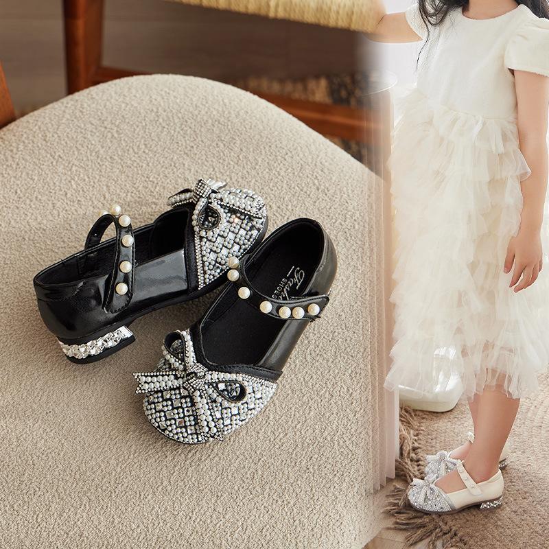 Girls Leather Shoes for Wedding Party Kids Stage Shoes Rhinestone with Pearls Bow-knot Princess Dress Shoes High-heel Model Shoe