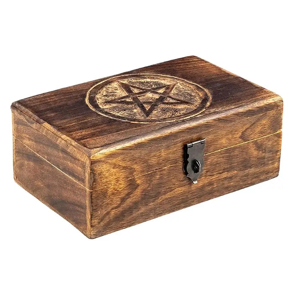 Wooden Jewelry Storage Box Antique Star Carved Trinket Box Storage Case Chic Organizer Tarot Cards Necklaces Unique Home Decor