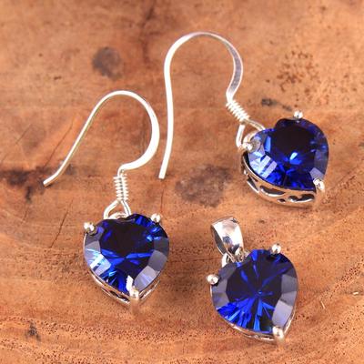 Nano Saphir Herz Anhänger Ohrring Set, Silberschmuck Set, Edelsteinschmuck, Geschenke für Sie, 925 Sterling Silber Handgefertigter Schmuck