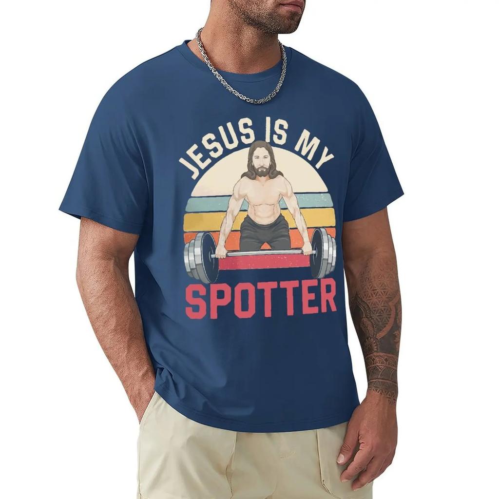 Męska koszulka Jezus jest moim spotterem śmieszna chrześcijańska siłownia podnoszenie ciężarów vintage 100% bawełna koszulka fitness koszulki odzież pomysł na prezent