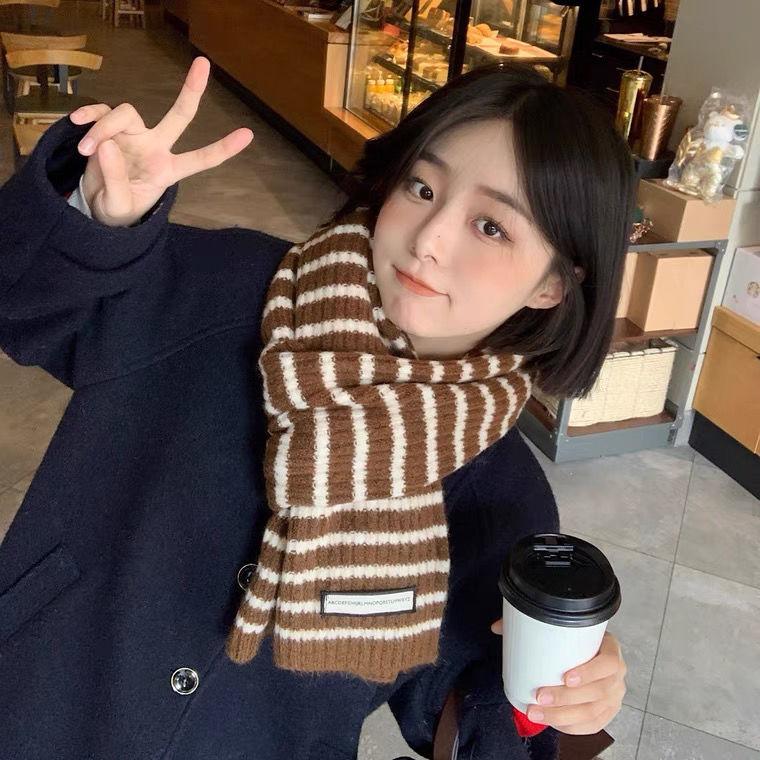 Striped Knitted Wool Scarf Korean Style Women's Winter Pure Student Couple Warm Thickened Versatile Men's Neck Warmer