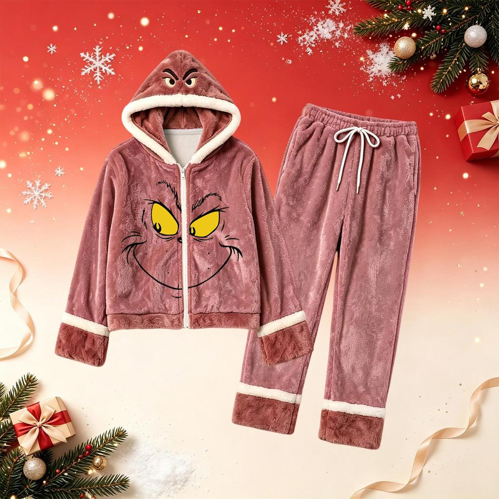 Women's Casual Christmas Print -Lined Hooded Pajama Set with Pants Loungewear
