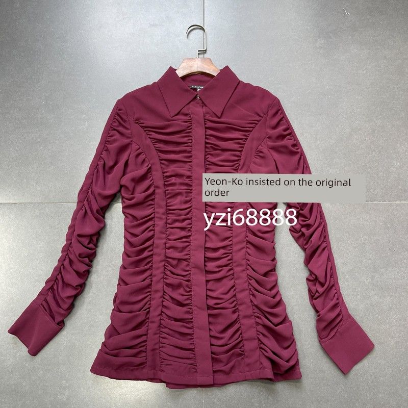 

FN Texture Chiffon Pleated Hot Girl Pleated Lapel Heavy Work Pleated Shirt Top + Flared Pants Wine Red Shirt Tops XS