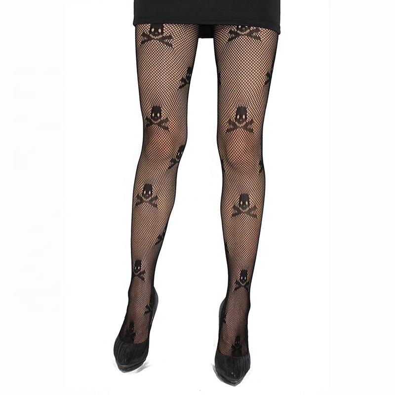 Sexy Thigh High Tights Transparent Women High Waisted Fishnet Mesh Skull Print Stretch Pantyhose Tights