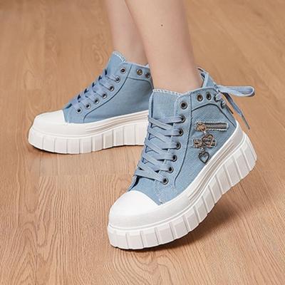 Trendige Damen Schuhe mit dicker Sohle 2024 Neu Höhenerhöhende Canvas Metall Reißverschluss Liebesdekoration Lässige Sportschuhe Sneaker